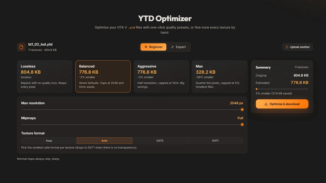 YTD Optimizer running live in the browser